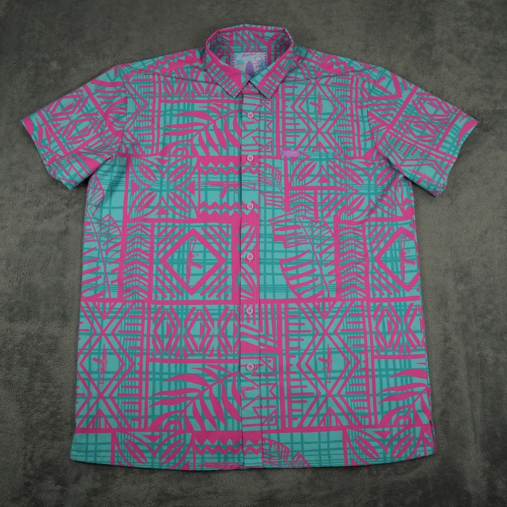 Retro Rifle Button Down Shirt Mens XL Teal Pink AK-47 Geometric Hawaiian Stretch - Picture 3 of 11